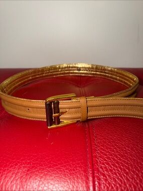 Vintage Escada West Germany Leather Tan Nude With Gold Trim Belt, Sz 38